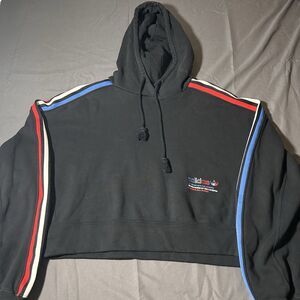Adidas Originals Trefoil Crop Hoodie Black Red Blue Stripe Trim Women’s Size M